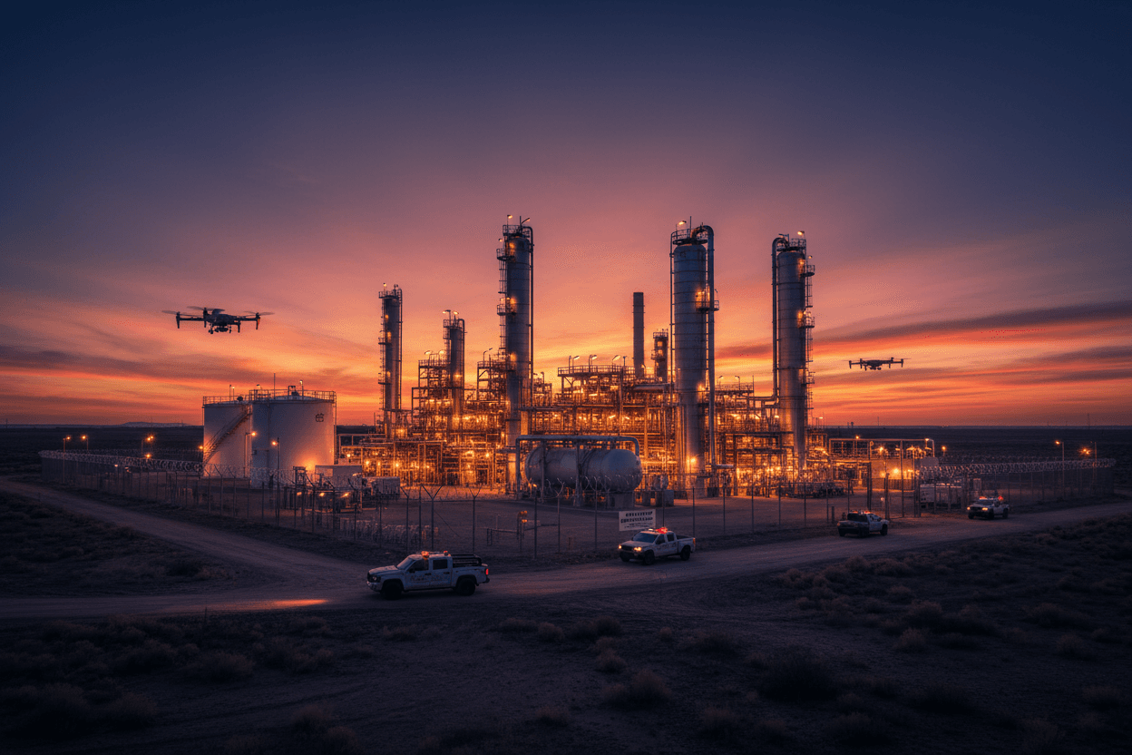 Refinery at dusk with drone units surveying the perimeter